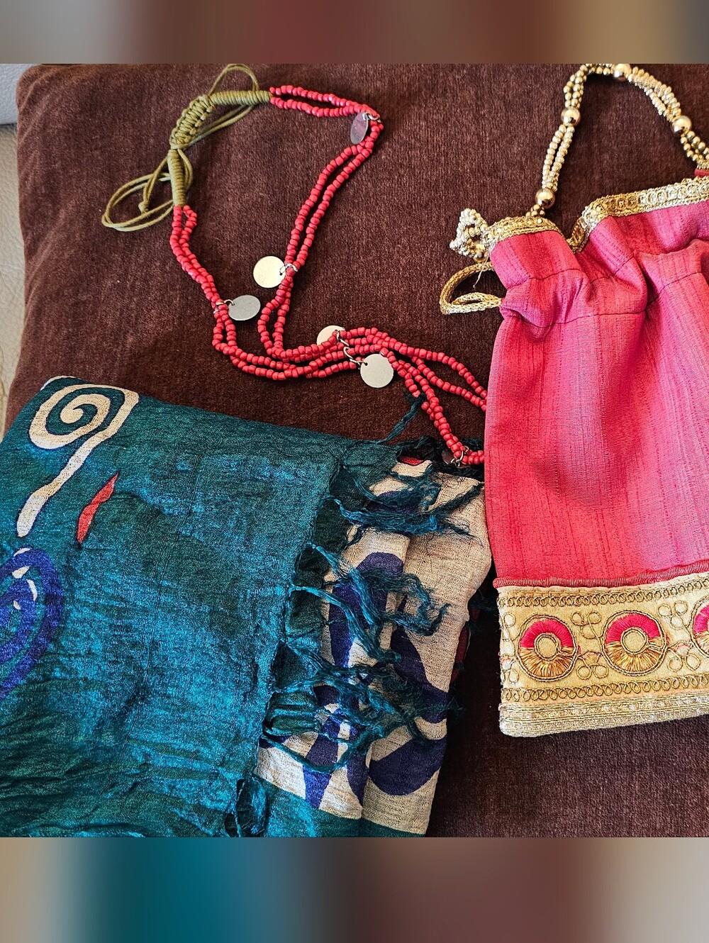 Teal Floral Swirl Print Tussar Silk Scarf,purse and Necklace Sets.